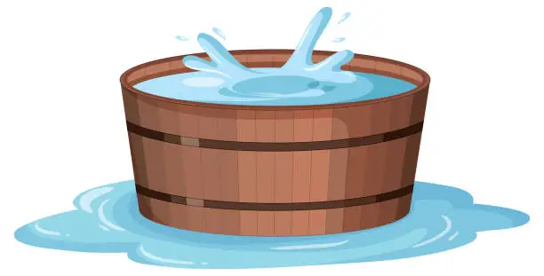 Vector illustration of Wooden bucket  with water splash
