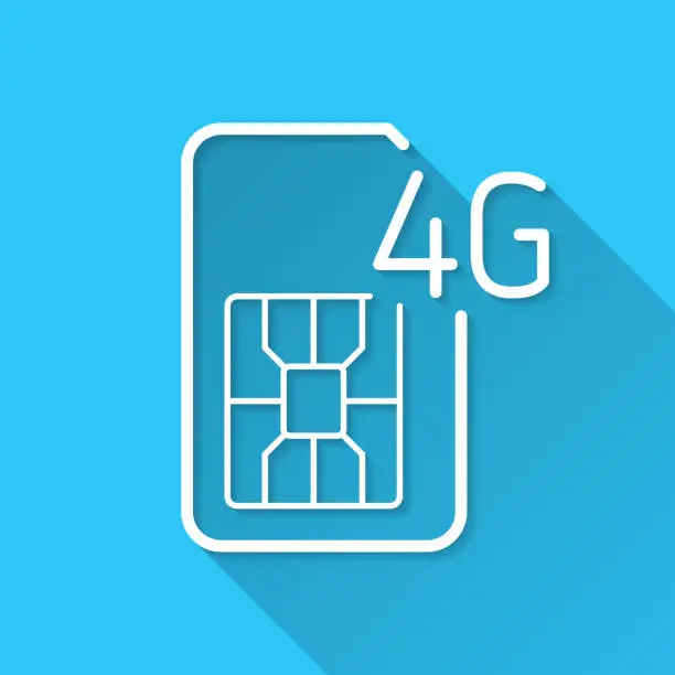 Vector illustration of 4G SIM card. Icon on blue background - Flat Design with Long Shadow