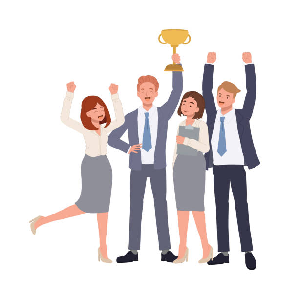 istock Business Teamwork concept. Successful team of four people won a trophy. diverse people. Business team Flat vector cartoon illustration 1473657017
