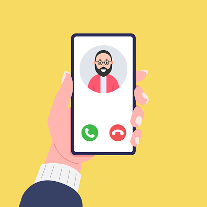 Woman holds smartphone with incoming call from her boyfriend. Vector illustration.