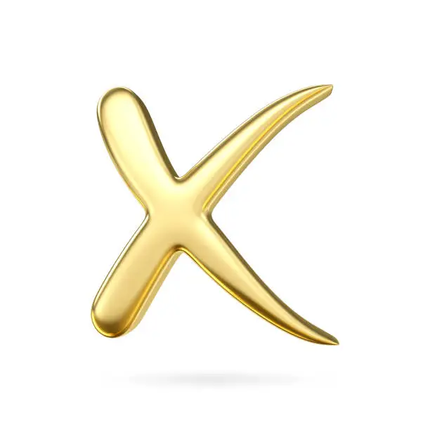 Photo of 3d gold metal cross checkmark icon. Check Symbols X mark. Tick checkmark x sign gold color. Negative or decline sign , 3D rendering