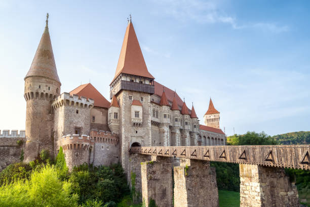 hermosa vista con el castillo de corvin en hunedoara, rumania - hunyad castle fotografías e imágenes de stock