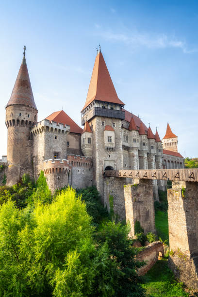 hermosa vista con el castillo de corvin en hunedoara, rumania - hunyad castle fotografías e imágenes de stock