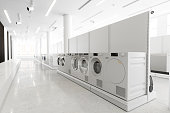 Home Appliance Store Interior With Washing Machines, Dryers And Vacuum Cleaners