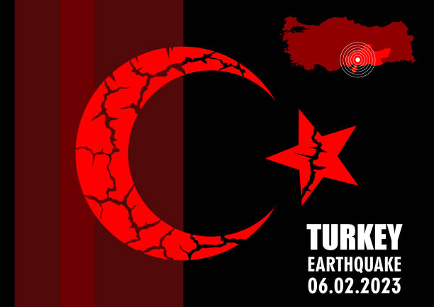터키와 시리아 지진 배너에 터키 국가 상징이 금이 갔다. 지진의 장소와 터키의 지도의 벡터 그림 입니다. - turkey earthquake stock illustrations