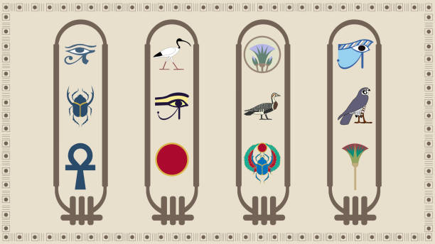 illustrazioni stock, clip art, cartoni animati e icone di tendenza di cartiglio dei geroglifici egiziani antichi con simboli sacri illustrazione vettore - water lily lotus flower water