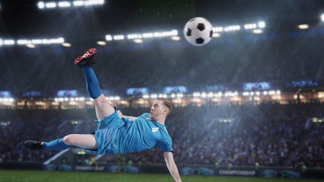 Aesthetic Shot Of Athletic Soccer Football Blue Team Player Doing Beautiful Overhead Kick On Stadium With Crowd Cheering. International Championship Match on Arena Full Of Fans. Super Slow Motion.