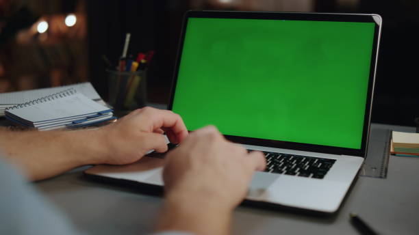 istock Hands greeting chromakey computer at home office closeup. Manager videocalling 1473666606