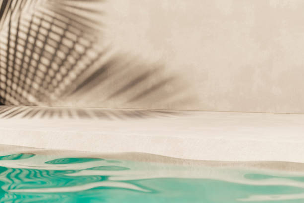 fondo de verano tropical con muro de hormigón, agua de la piscina y sombra de hojas de palma. - al lado de la piscina fotografías e imágenes de stock