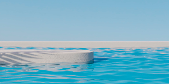 Stone podium stand in luxury blue pool water. Summer background of tropical design product placement display. Hotel resort poolside backdrop.