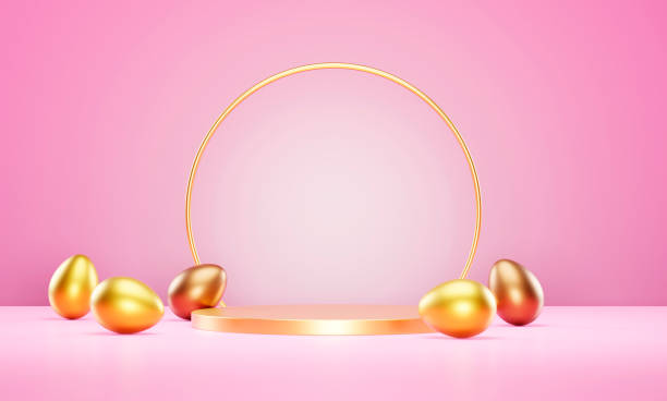 istock Easter eggs and product podium on pastel pink table. 1473668445