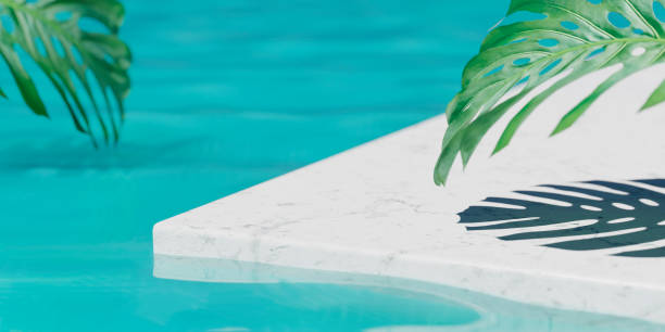 Summer background with marble podium in pool water