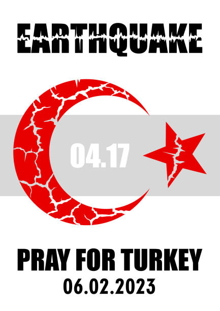 터키와 시리아 지진 터키 국가 상징이 있는 흰색 배너가 금이 갔습니다. 지진의 장소와 터키의 지도의 벡터 그림입니다. - turkey earthquake stock illustrations
