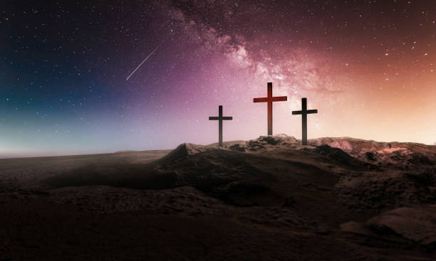 Christian croses on hill outdoors at sunrise. Calvary crucifixion. 3D illustration. Dramatic light. stock photo
