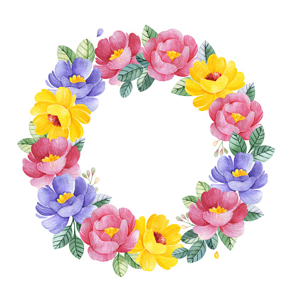 istock Lovely Watercolor wreath with flowers,leaves and branches 1473671220