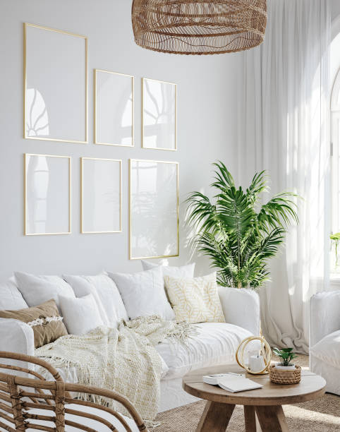 istock Frame mockup in living room interior background, Coastal boho style 1473671238