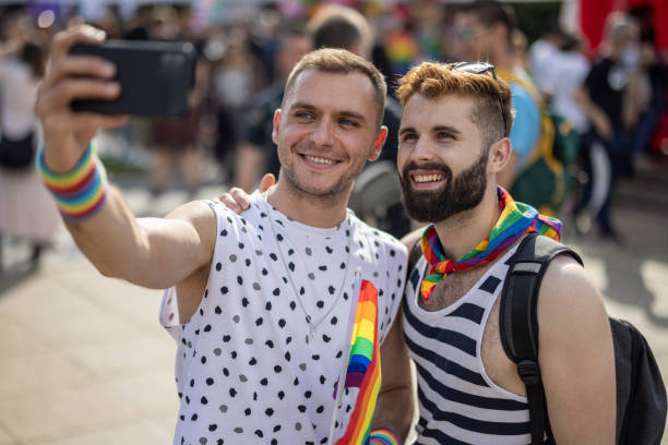 istock Two participants in pride street parade 1473671827