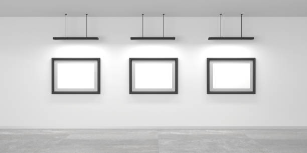 istock Art gallery, empty room interior with picture frames on white walls and illumination lamps 3d render. Museum exhibition halls with black borders, lights and grey marble tile on floor 1473672418