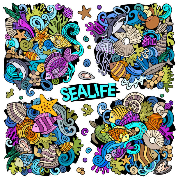 Sea Life cartoon vector doodle designs set. vector art illustration
