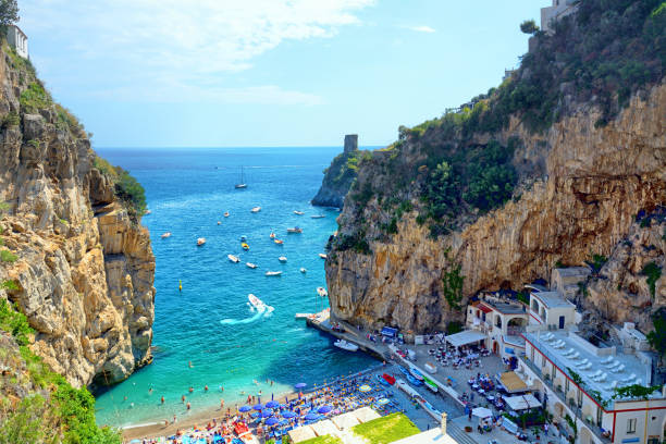 Marina di Praia beach in Praiano, Italy Marina di Praia public beach in Praiano town, Amalfi Coast, Province of Salerno, Italy praiano photos stock pictures, royalty-free photos & images