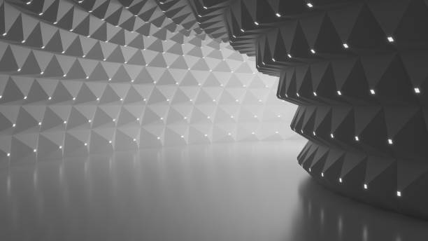 istock 3D render. 4K resolution. Abstract background. Geometric tunnel with luminous elements at the end of which there is light. 1473674674
