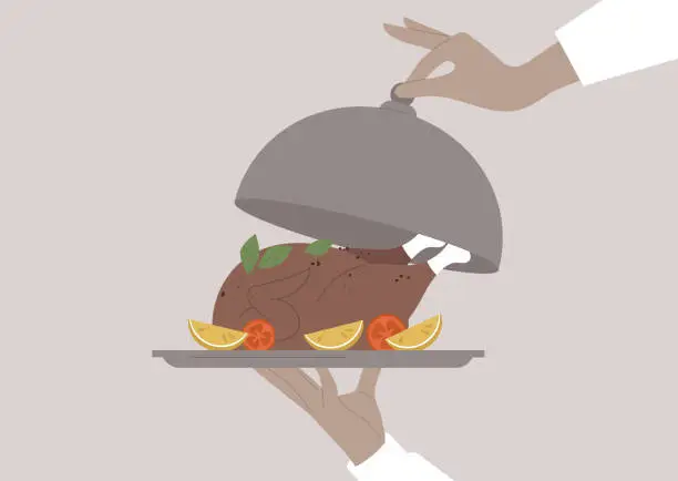 Vector illustration of A waiter opening a metal cloche, a roasted chicken served with herbs and vegetables on a tray