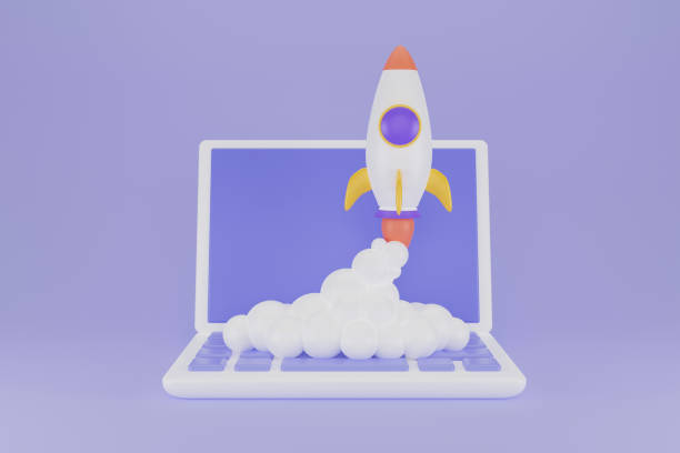 istock Rocket launch on laptop, flying rocket icon, business startup project concept. Launching new product or service. Technology development process. 3d rendering 1473677702