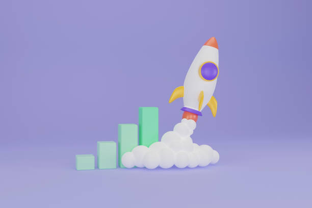 istock Rocket launch above bar chart, growing income, startup business. Toy rocket upswing ,spewing smoke. Startup, space, business concept. Cartoon minimal style. 3d rendering 1473677711