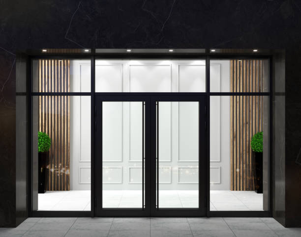 istock Glass partition mockup and modern doors in hall 1473677715