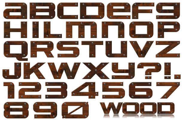 Wooden alphabet letters and numbers, with screws, isolated on white background.