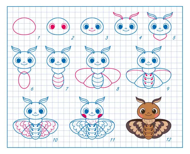 Vector illustration of How to Draw Cute Moth, Step by Step Lesson for Kids cartoon vector illustration