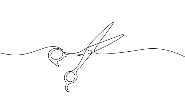 Vector illustration of One line continuous stylist scissors symbol concept. Barber haircut beauty salon lifestyle. Digital white single line sketch drawing vector illustration