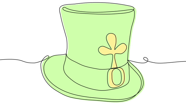 Self-drawing of a leprechaun hat in one line on a white background.