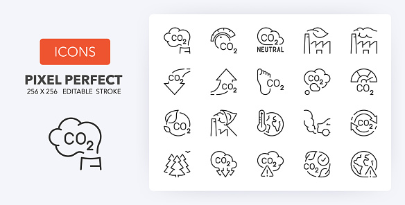 Set of thin line icons of co2, climate change and co2 emissions. Outline symbol collection. Editable vector stroke. 256x256 Pixel Perfect scalable to 128px, 64px...