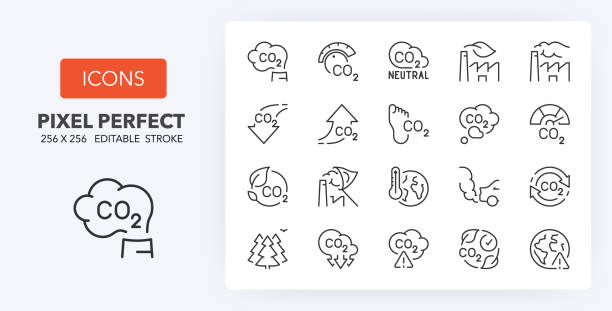 co2 line icons 256 x 256 Set of thin line icons of co2, climate change and co2 emissions. Outline symbol collection. Editable vector stroke. 256x256 Pixel Perfect scalable to 128px, 64px... fumes stock illustrations