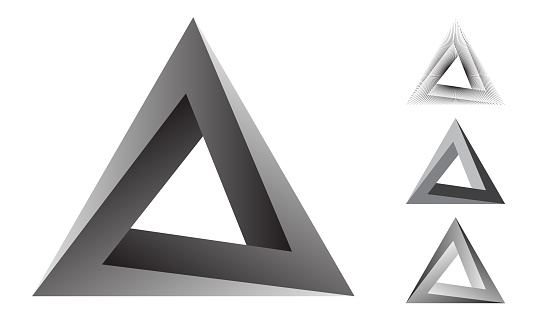 Set of four impossible triangles. Penrose triangle. Geometric 3D object optical illusion triangle icon. Modern design elements for website, poster and flyers. Vector illustration.
