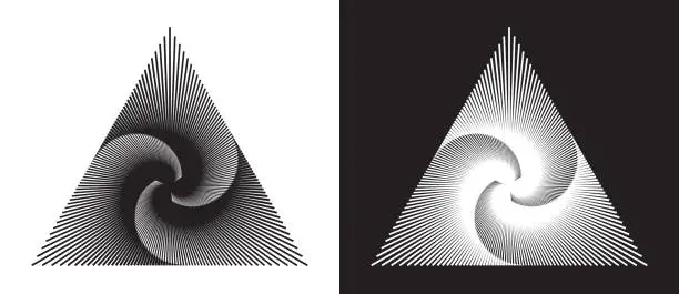 Vector illustration of Triangles with lines in swirl. Black triangle over white background and white triangle over black background. Can be used as logo, icon, tattoo.