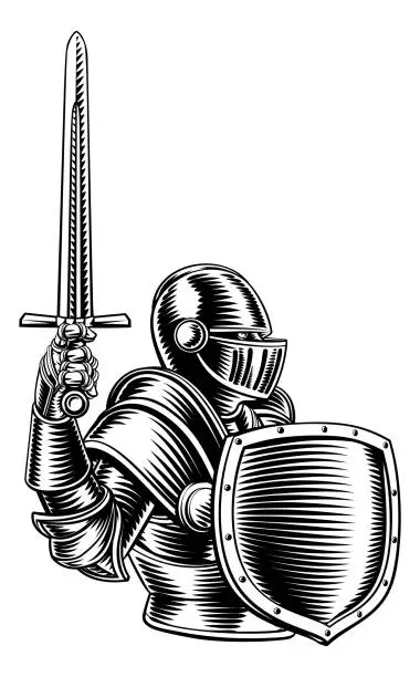 Vector illustration of Medieval Knight Sword And Shield Vintage Woodcut