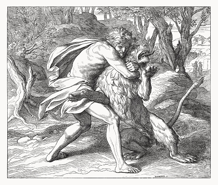 Samson's fight with the lion (Judges 14, 6). Wood engraving by Julius Schnorr von Carolsfeld (German painter, 1794 - 1872), published in 1860.
