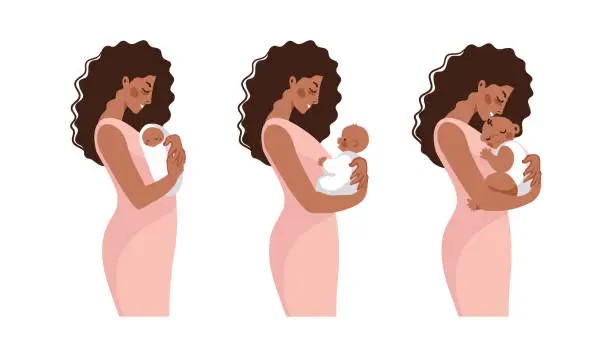 Vector illustration of Black Hispanic mom with newborn baby and infant, motherhood flat cartoon illustration set. Woman hugging a baby, vector isolated on white.