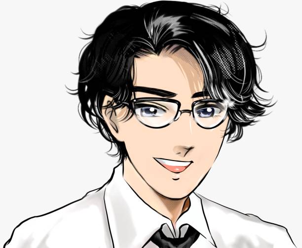 farbige illustration im manga-stil für mädchen eines gutaussehenden arztes mit dauergewelltem schwarzem haar und brille, der lächelt und weißem hintergrund ist. - prince charming stock-grafiken, -clipart, -cartoons und -symbole