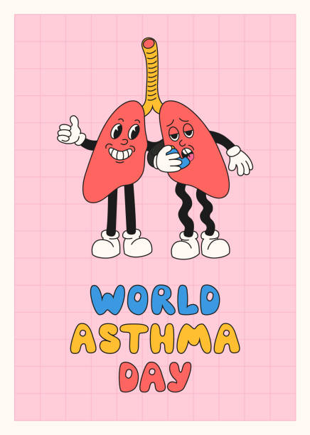 World Asthma Day banner in retro cartoon style. World Asthma Day banner template. Vector illustration of lungs as cute retro cartoon characters with inhaler. Bronchial asthma awareness sign. World Asthma Day stock illustrations