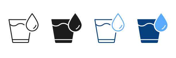 Glass of Water Silhouette and Line Icon Set. Drinking Glass Pictogram. Glassful of Clean Water Black and Color Sign Collection. Isolated Vector illustration Glass of Water Silhouette and Line Icon Set. Drinking Glass Pictogram. Glassful of Clean Water Black and Color Sign Collection. Isolated Vector illustration. blue cup stock illustrations