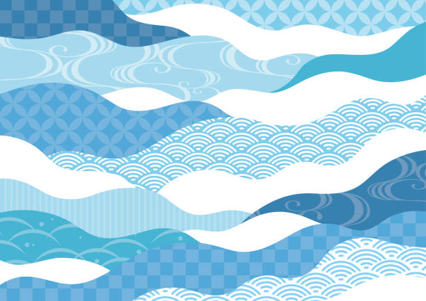ilustraciones, imágenes clip art, dibujos animados e iconos de stock de patrón de onda japonés azul - wave form illustrations