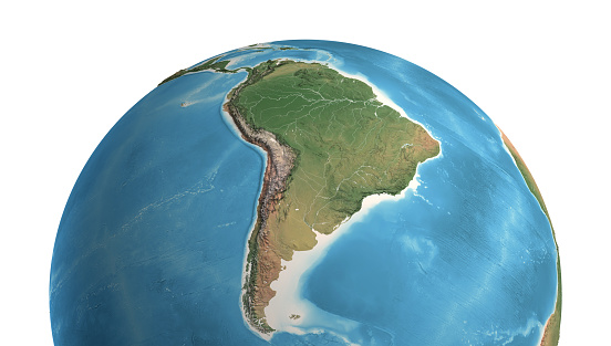 High resolution satellite view of Planet Earth, focused on South America, Amazon Rainforest, Andes Cordillera - 3D illustration (Blender software), elements of this image furnished by NASA (https://eoimages.gsfc.nasa.gov/images/imagerecords/147000/147190/eo_base_2020_clean_3600x1800.png)