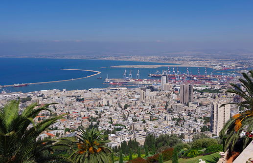 Israel, Haifa. 08.23.21. View of the city and the sea from above.