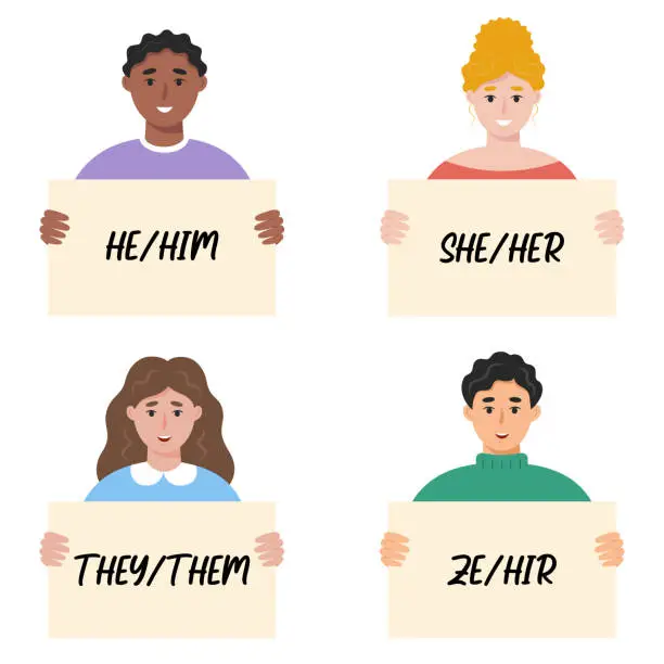 Vector illustration of People holding signs with different gender pronouns. He, she, they, ze.