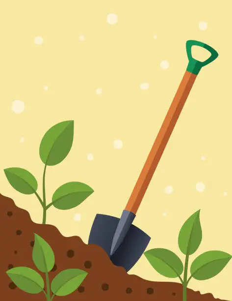 Vector illustration of Digging In The Garden. A Shovel And Plants
