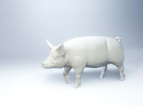 Side view of a white pig sculpture over a brightly lit background. Digital illustration, 3D render.