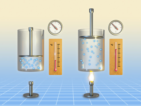 Charles's law: how gas tend to expand when heated. Digital illustration, 3D render.